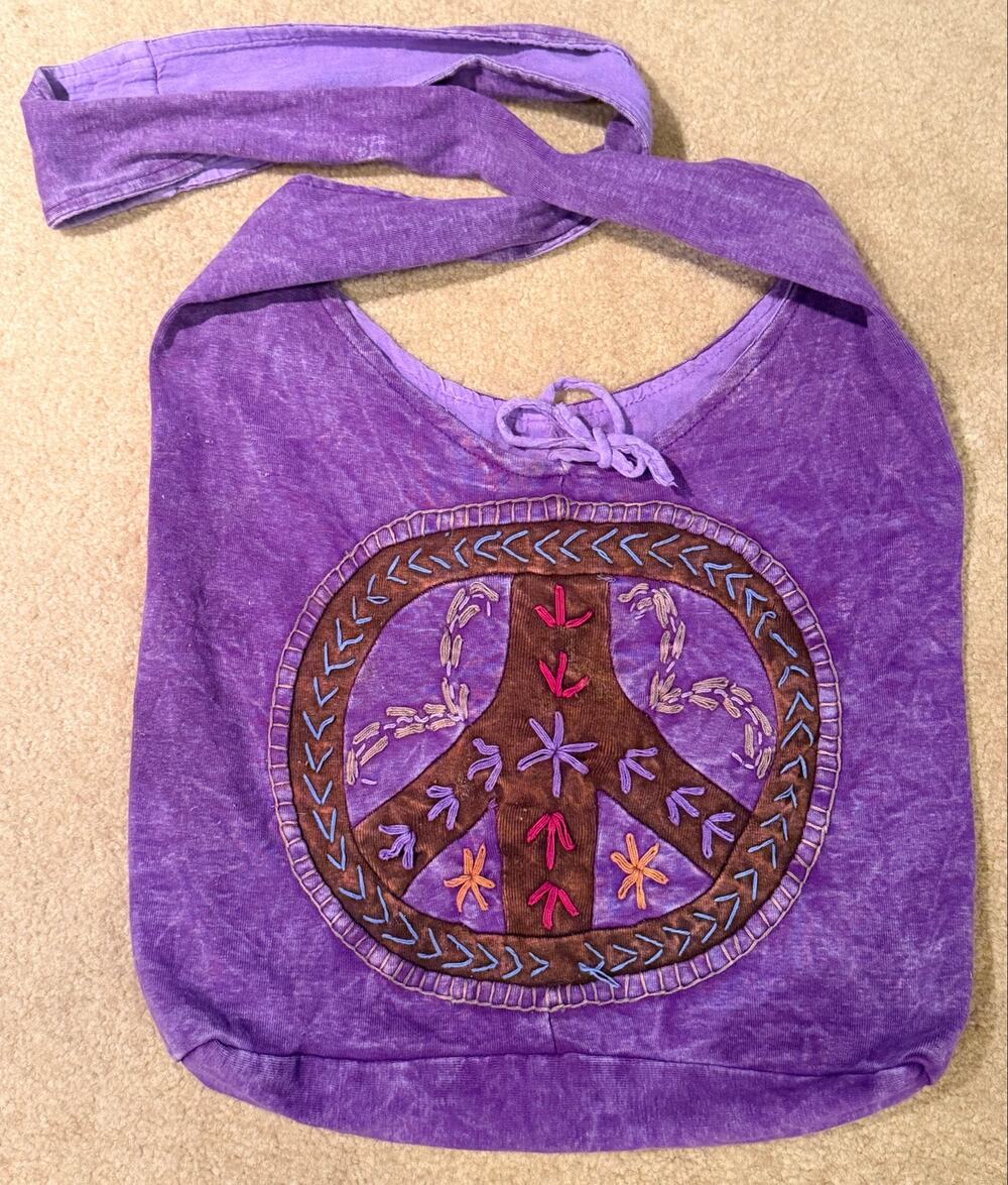 Vintage Purple Acid Wash Peace Sign Hobo Embroidered Boho Crossbody Tote Purse